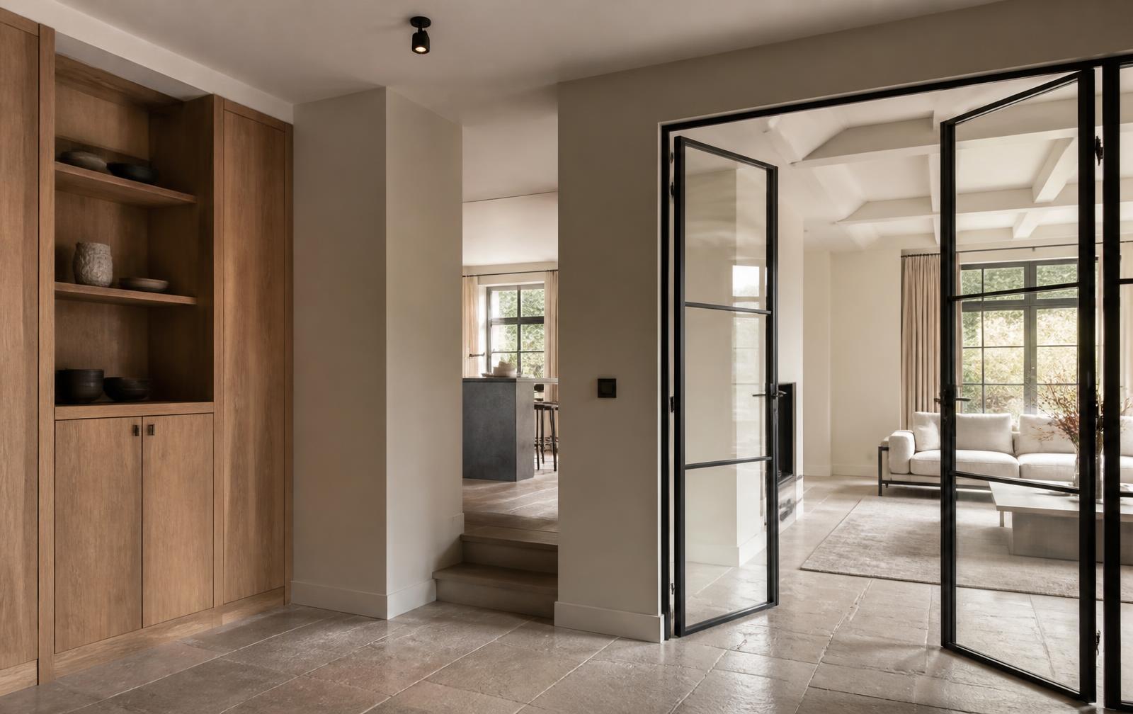 Strak afgewerkt interieur met warme wanden en maatwerk kast